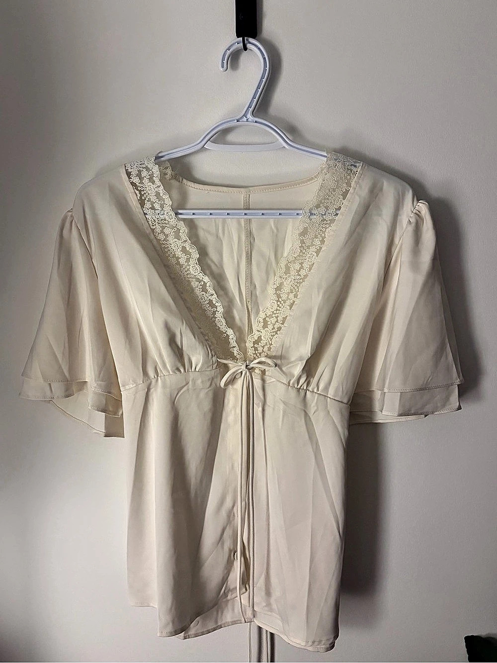 Babydoll Cream Lace Trim Drawstring Blouse